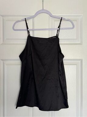 Black satin slip cami tank top with lace detail and adjustable straps
